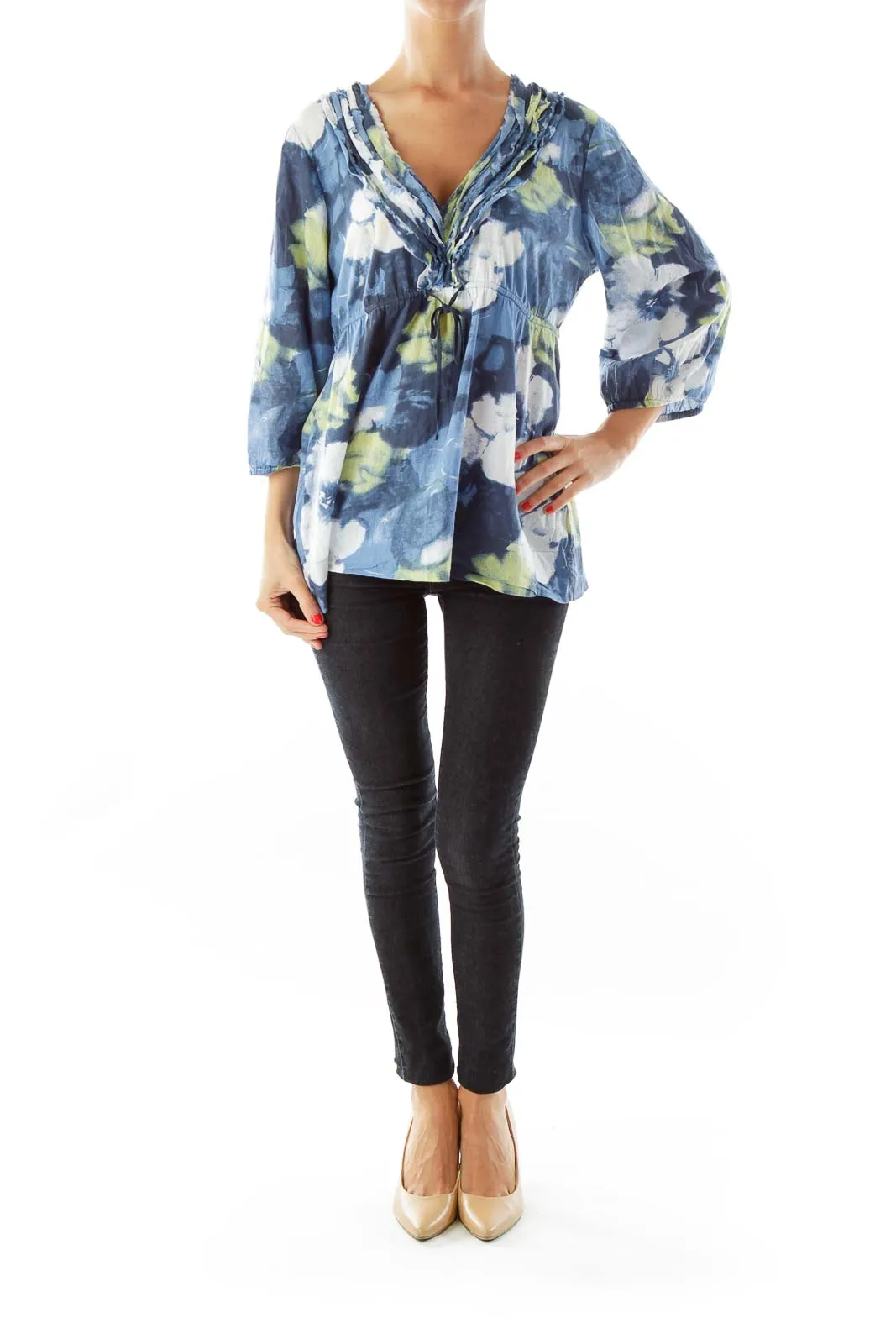 Blue & Green Floral Tie Die Top