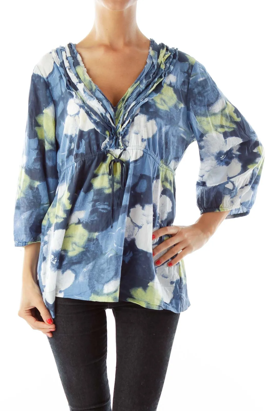 Blue & Green Floral Tie Die Top