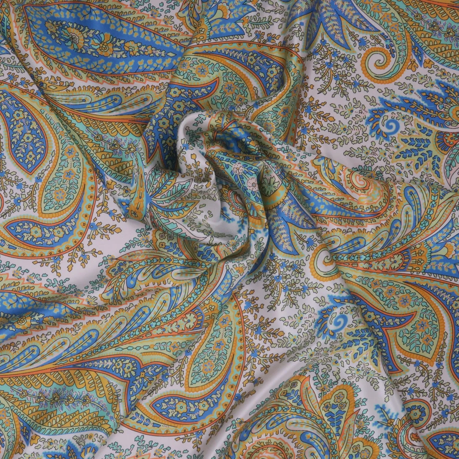 Blue and Pale Yellow Paisley on Ivory Background Printed Silk Charmeuse Fabric