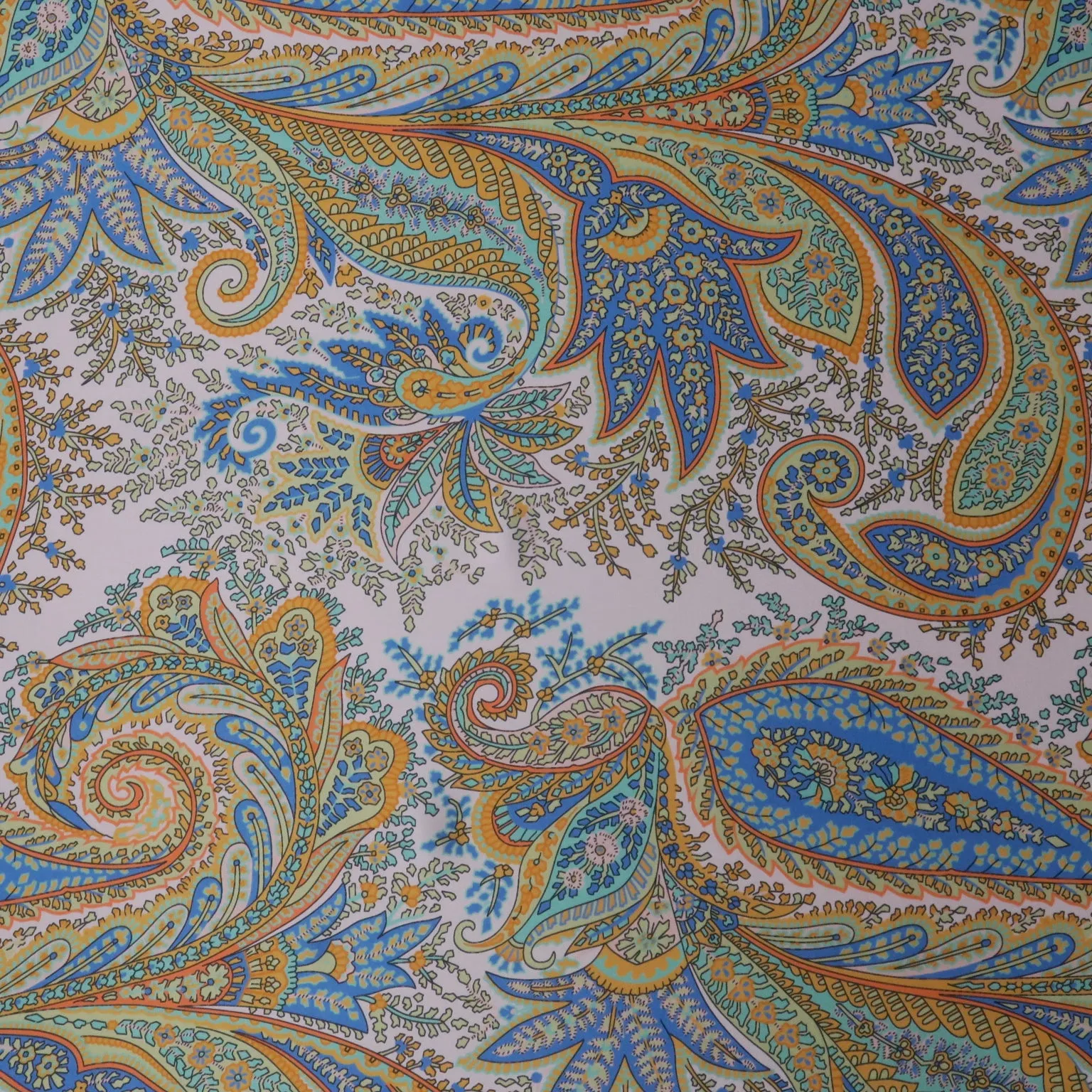 Blue and Pale Yellow Paisley on Ivory Background Printed Silk Charmeuse Fabric