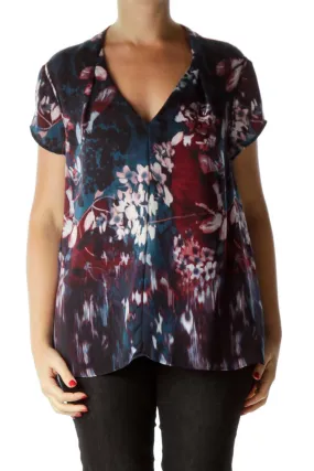 Blue Burgundy Floral Print Blouse