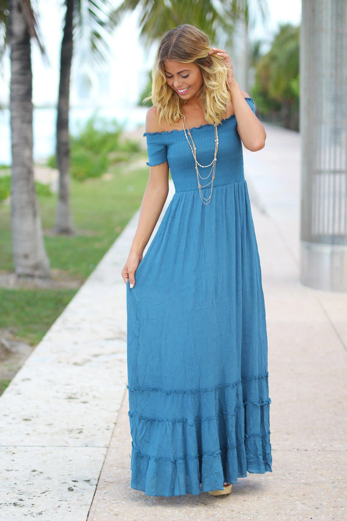 Blue Off Shoulder Maxi Dress