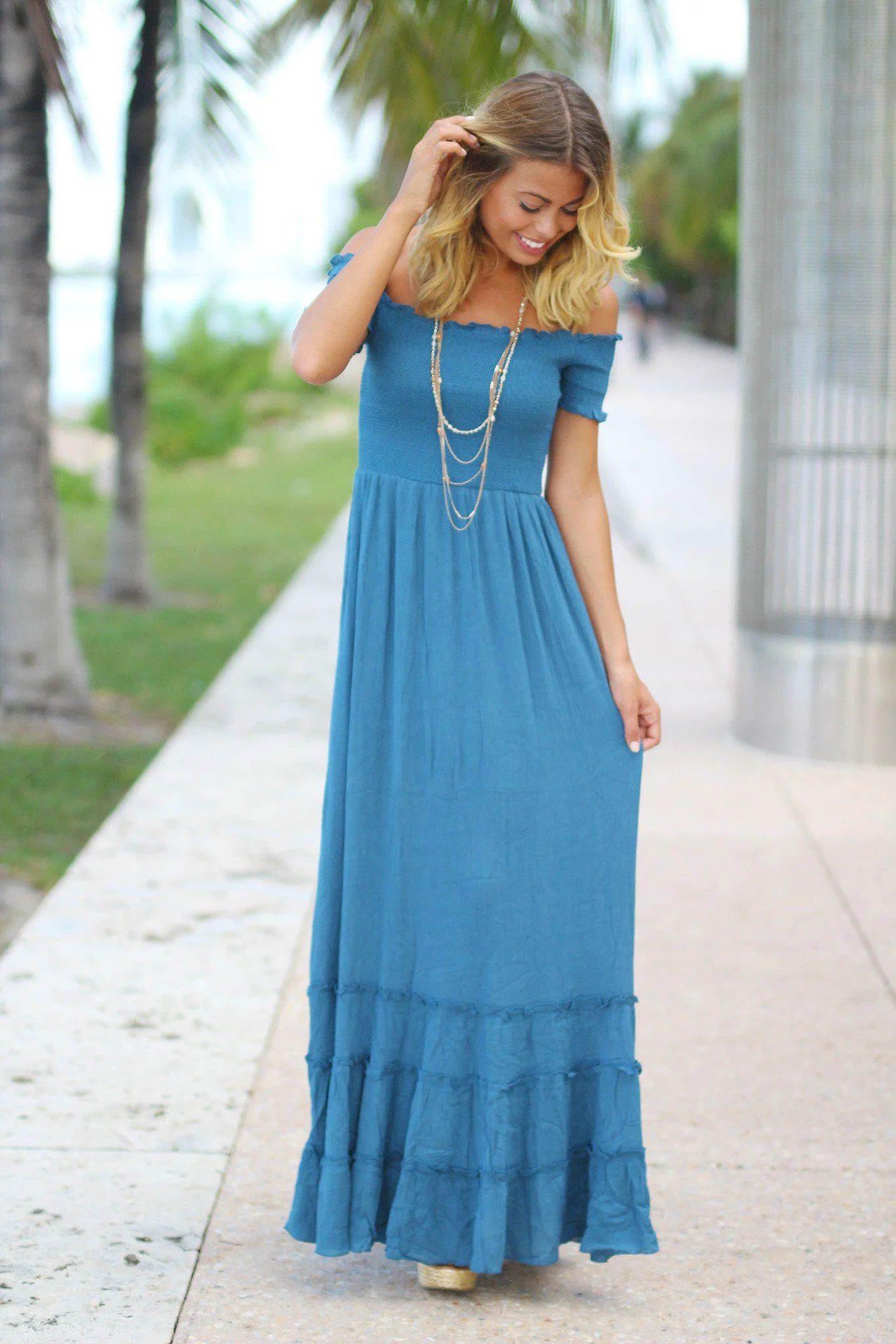 Blue Off Shoulder Maxi Dress