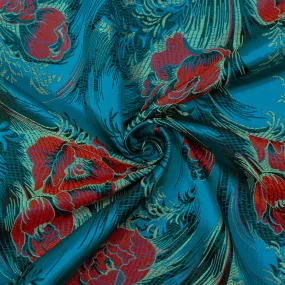 Blue-Red-Multi Polyester Floral Chinese Brocade Woven Fabric