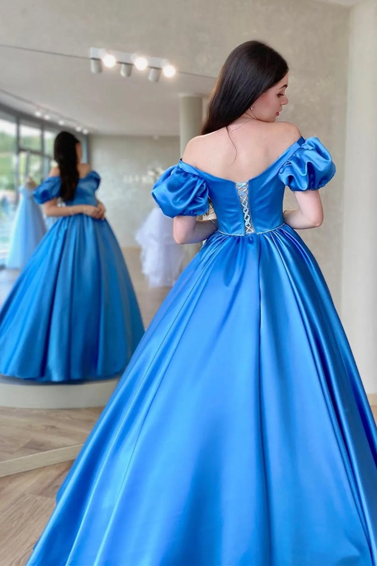 Blue Satin Off the Shoulder Long Prom Dresses, Off Shoulder Blue Formal Dresses, Blue Evening Dresses WT1127