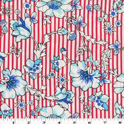 Blue/Red/White Floral Printed Rayon Twill Shirting Fabric