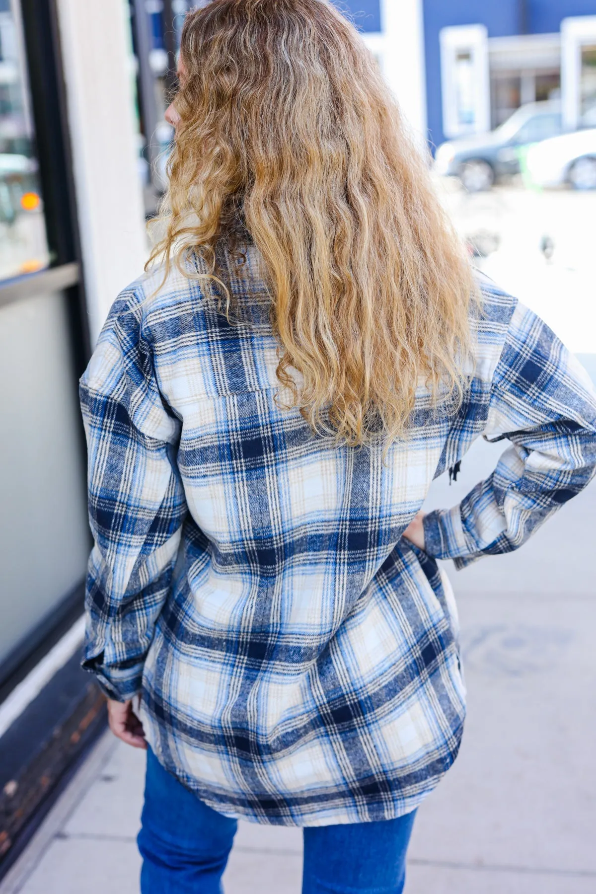 Boldly You Navy Plaid Fringe Button Down Shacket