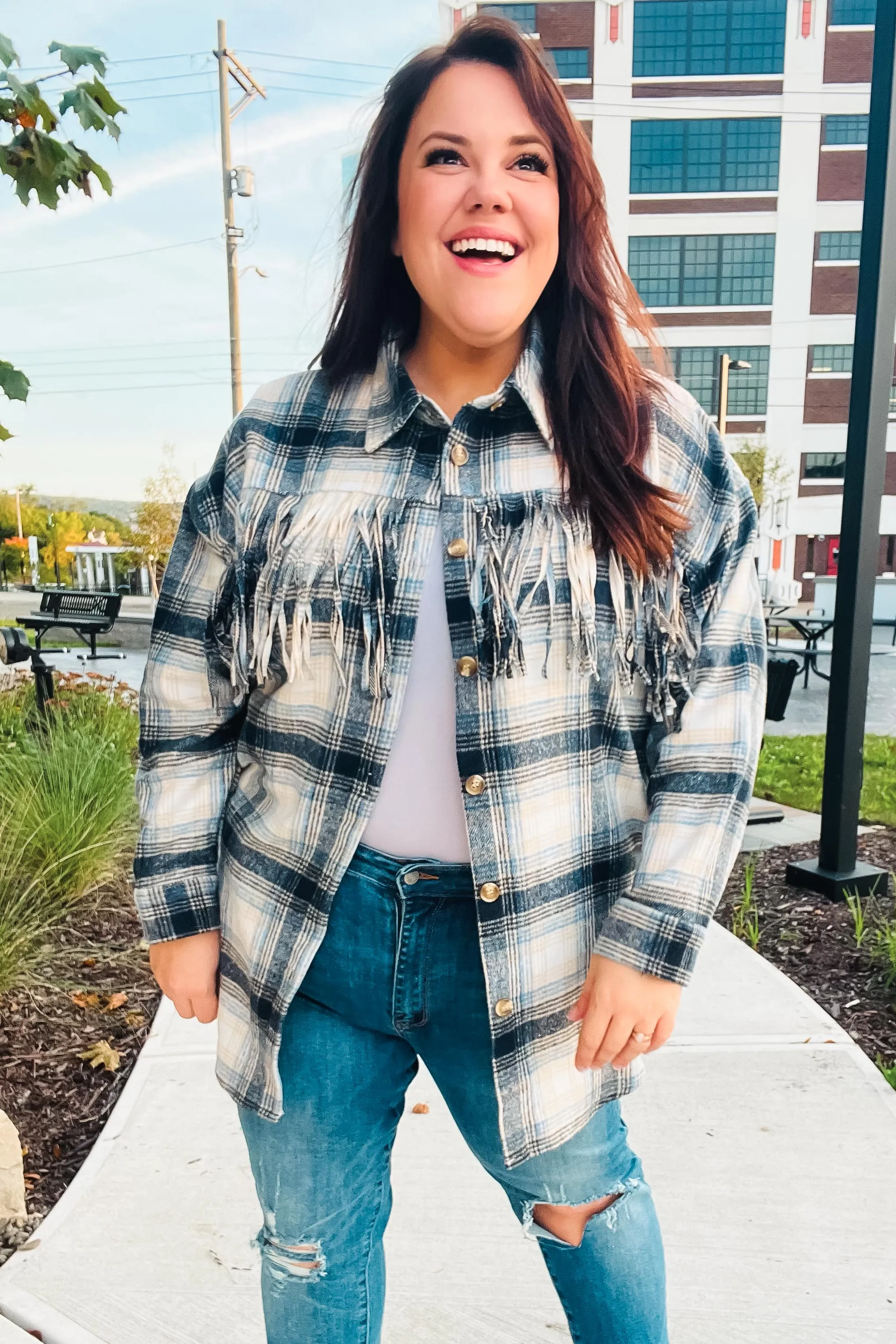 Boldly You Navy Plaid Fringe Button Down Shacket