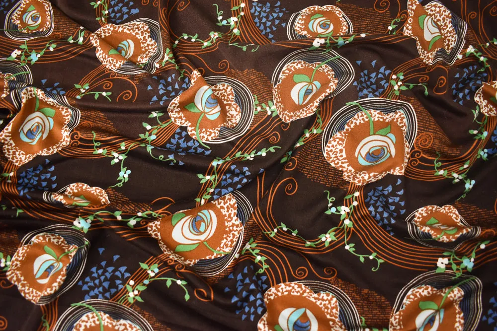 Brown-Blue-Multi Abstract Floral Vine Printed Stretch Silk Jersey Knit Fabric