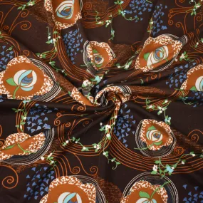 Brown-Blue-Multi Abstract Floral Vine Printed Stretch Silk Jersey Knit Fabric