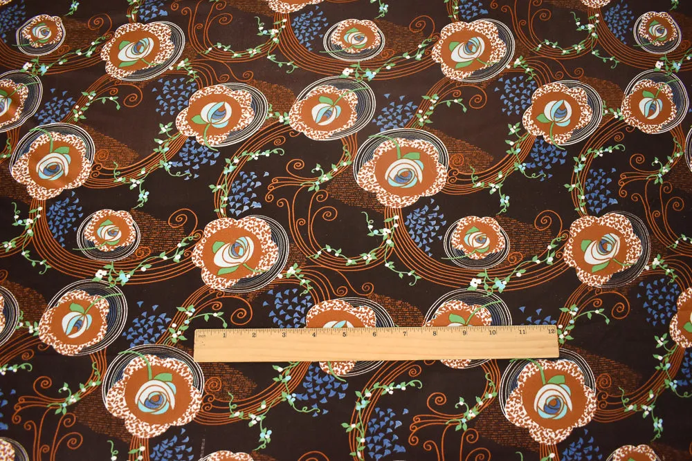 Brown-Blue-Multi Abstract Floral Vine Printed Stretch Silk Jersey Knit Fabric