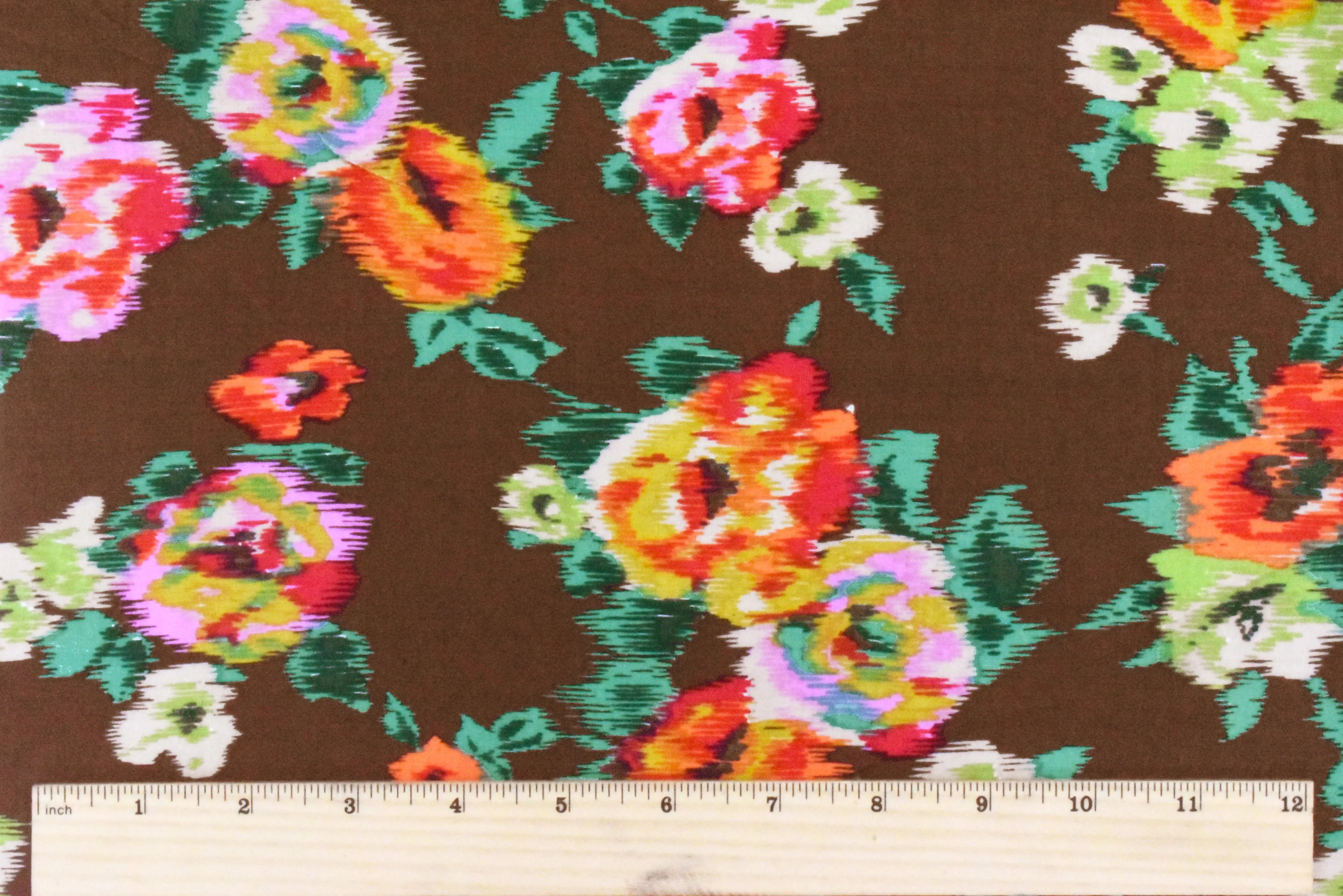 Brown-Green-Multi Ikat Floral Printed Challis Woven Fabric