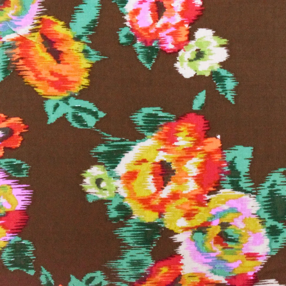 Brown-Green-Multi Ikat Floral Printed Challis Woven Fabric