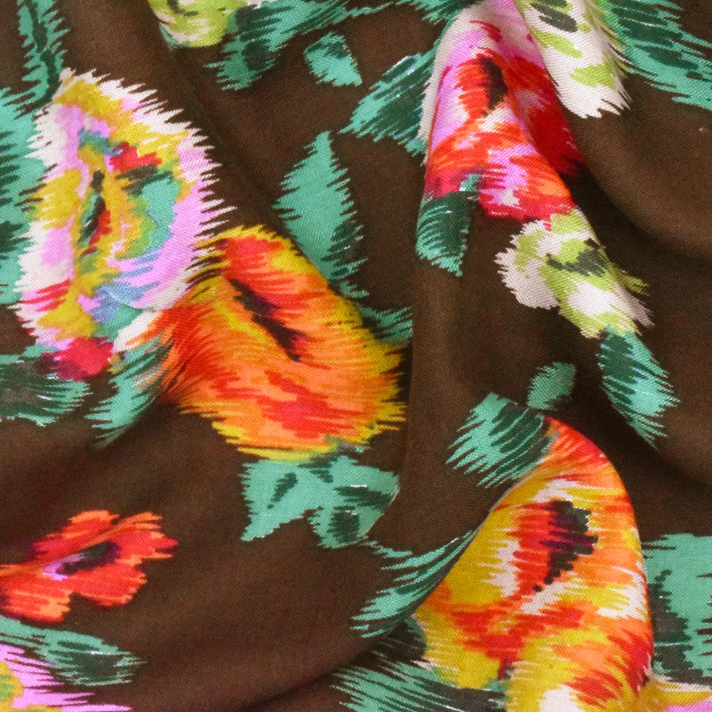 Brown-Green-Multi Ikat Floral Printed Challis Woven Fabric