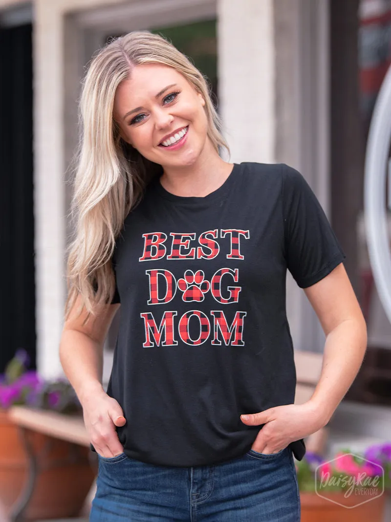 Buffalo Plaid Best Dog Mom on Black Crewneck Tee