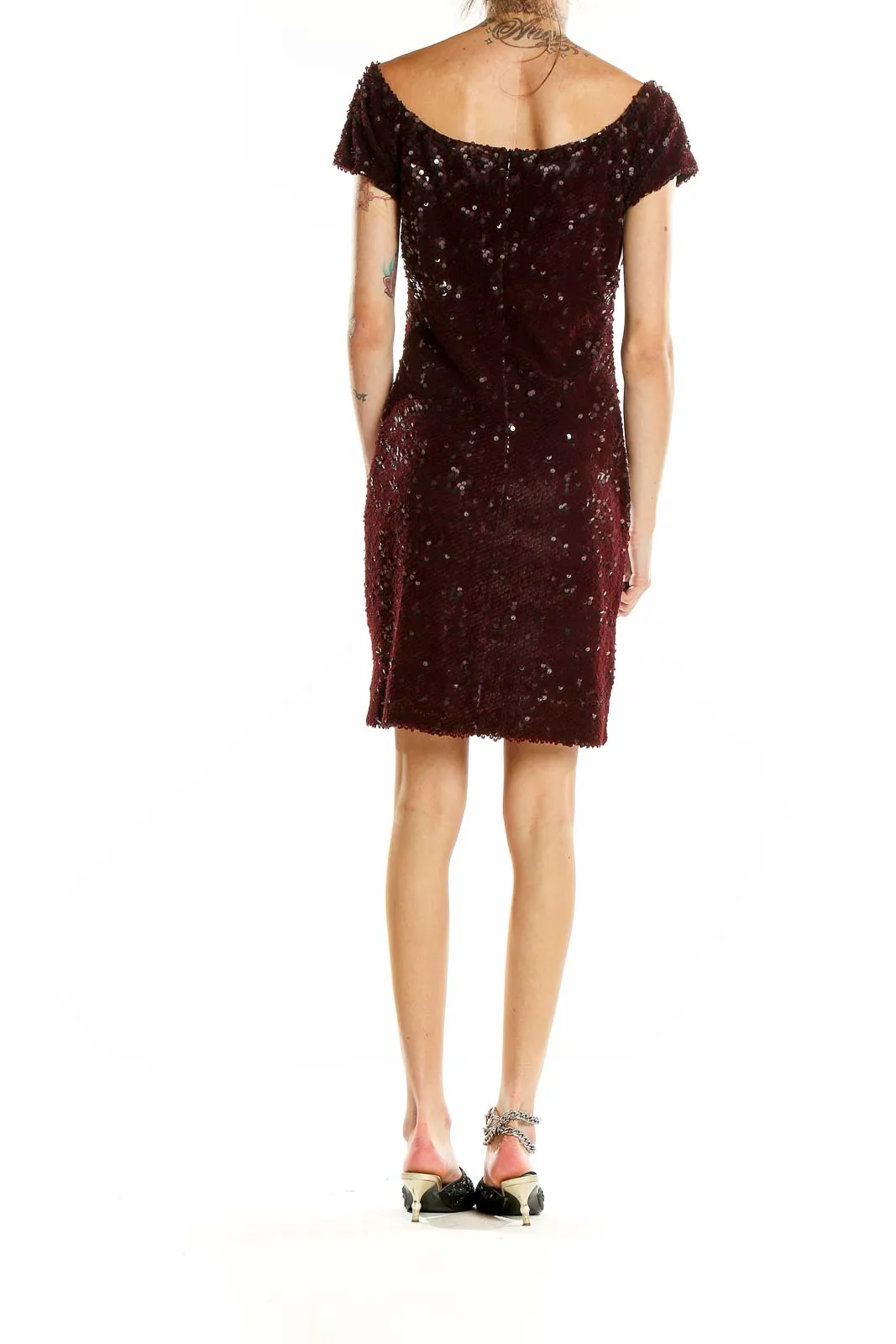 Burgundy Sequin Off-Shoulder Cocktail Dress