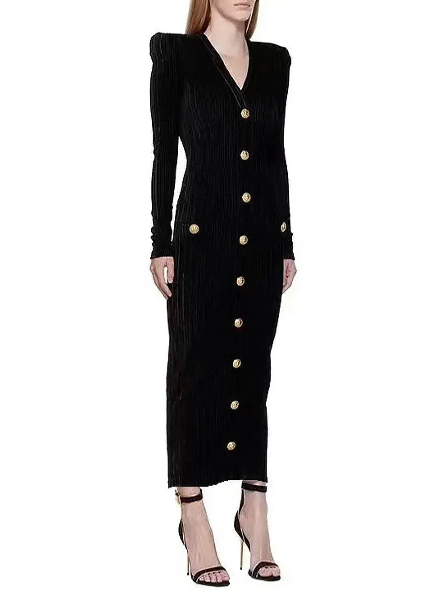 Button-Embellished Corduroy Velvet Dress In Black