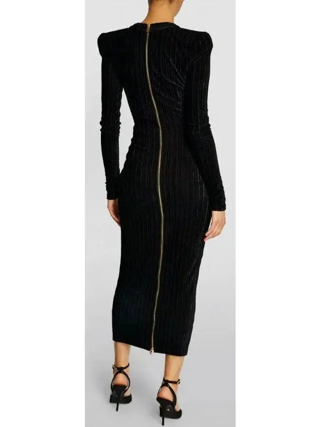 Button-Embellished Corduroy Velvet Dress In Black