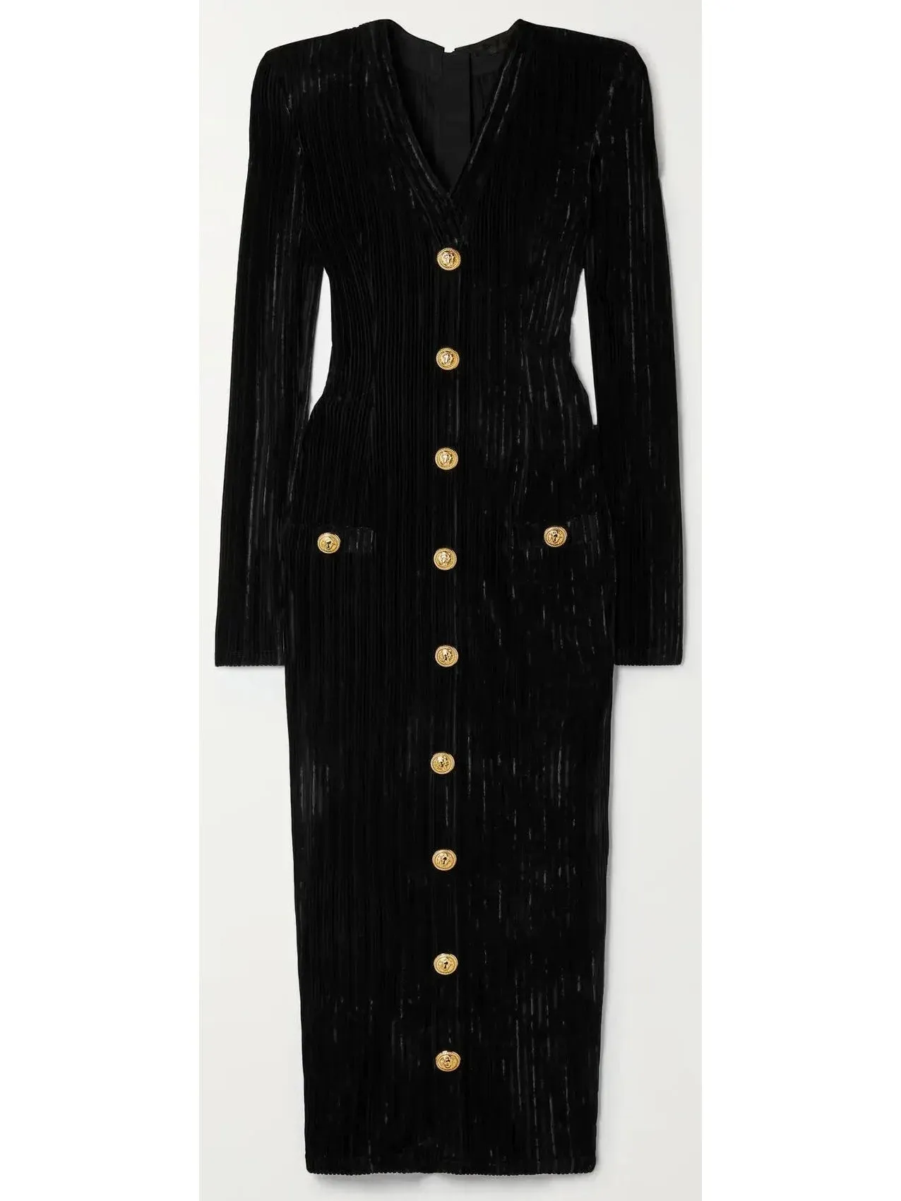 Button-Embellished Corduroy Velvet Dress In Black