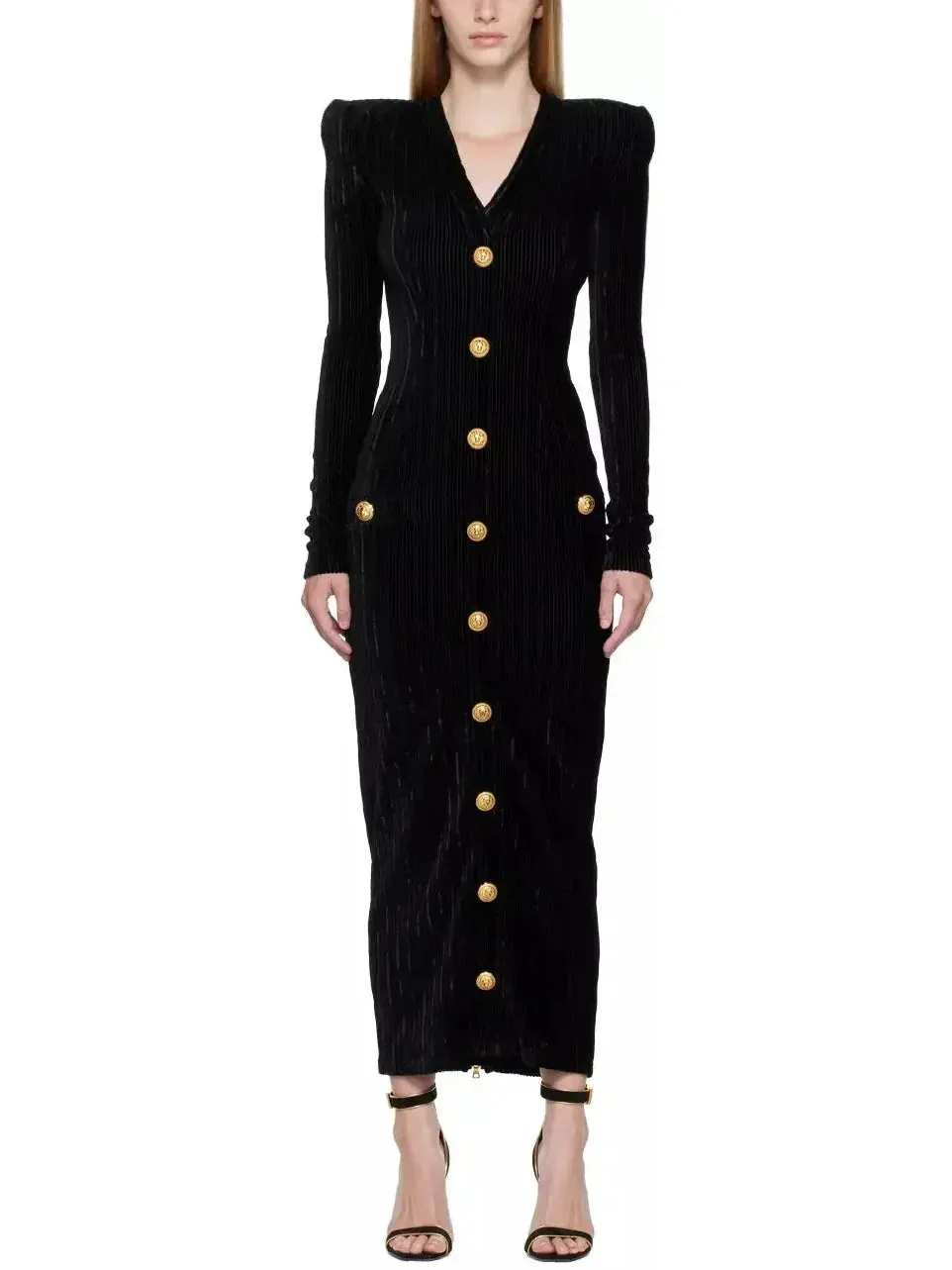 Button-Embellished Corduroy Velvet Dress In Black