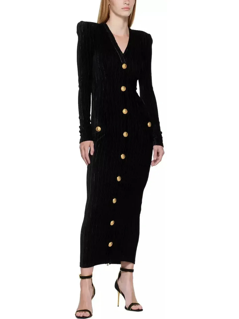 Button-Embellished Corduroy Velvet Dress In Black