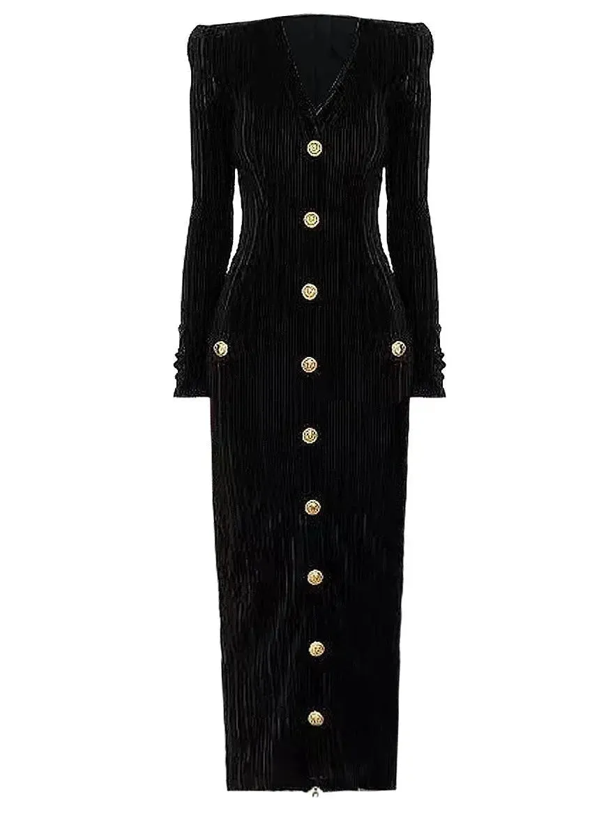 Button-Embellished Corduroy Velvet Dress In Black