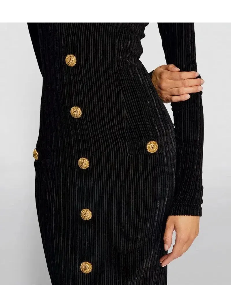 Button-Embellished Corduroy Velvet Dress In Black