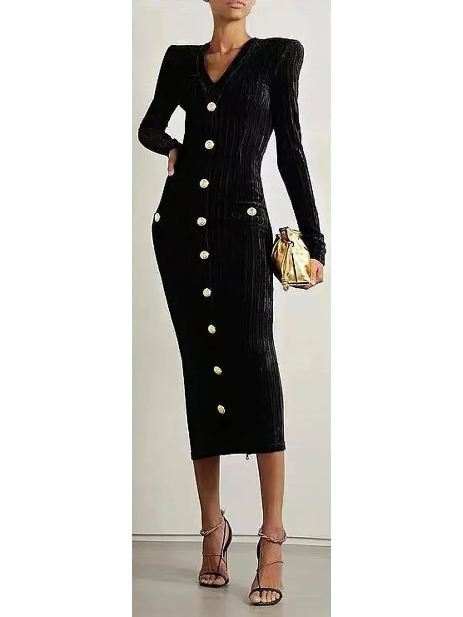 Button-Embellished Corduroy Velvet Dress In Black