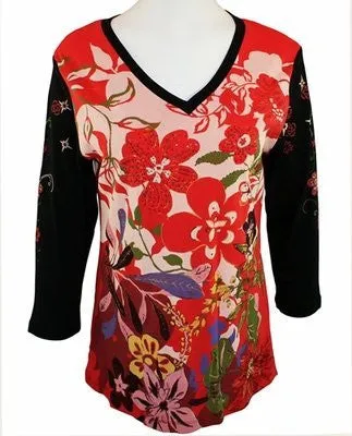 Cactus Fashion Rhinestones, Red & Black V-Neck Top - Tropical Flower