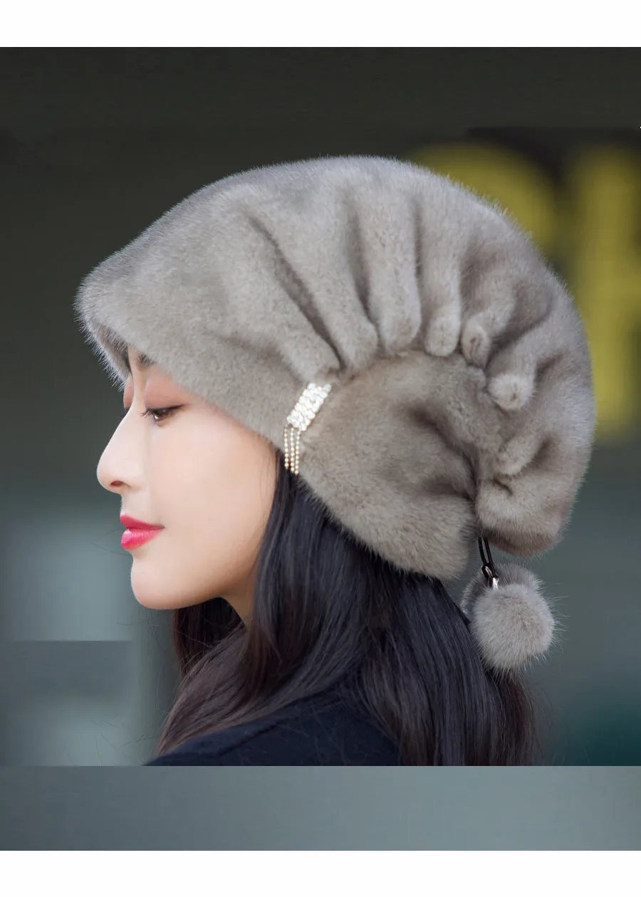 Classy Grey Mink Hair Knitted Bonnie Hat