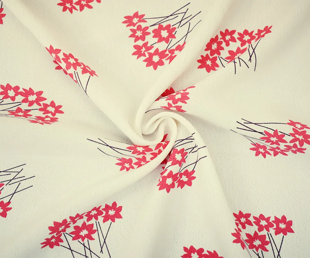 Coral-Purple-White Floral Printed Rayon Crepe Faille Woven Fabric