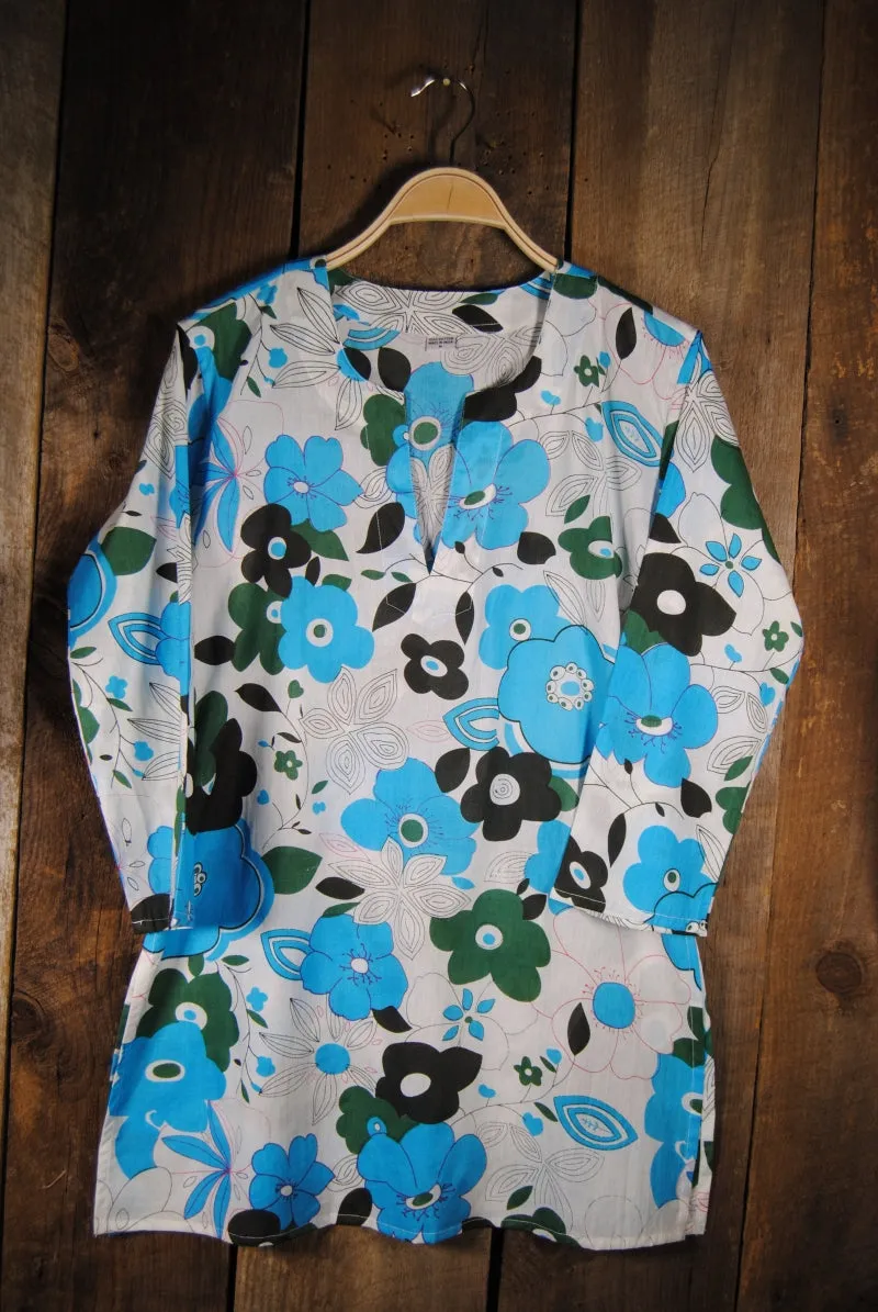 Cotton Tunic Top in Bold Blue Floral