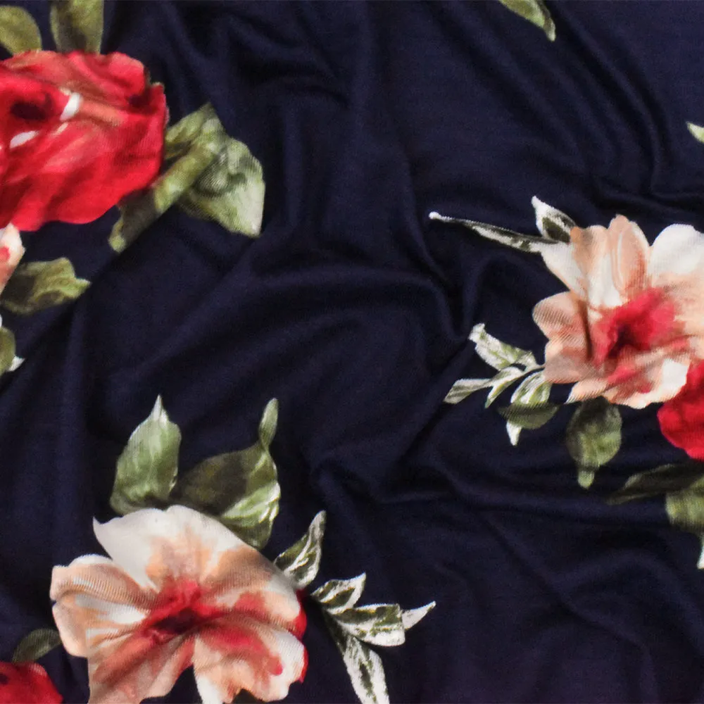 Dark Navy-Red-Multi Floral Printed Stretch Rayon Jersey Knit Fabric