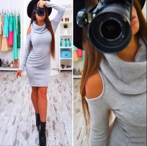 Dew Shoulder High Neck Pure Color Short Bodycon Dress