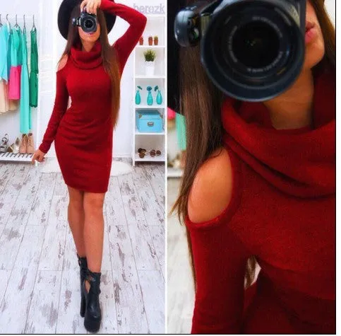 Dew Shoulder High Neck Pure Color Short Bodycon Dress