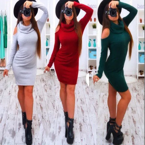 Dew Shoulder High Neck Pure Color Short Bodycon Dress