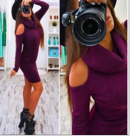 Dew Shoulder High Neck Pure Color Short Bodycon Dress