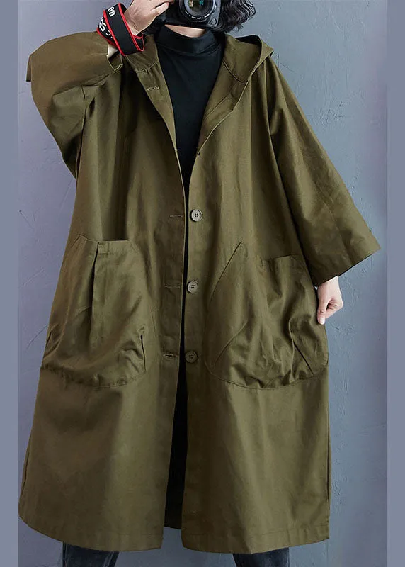 Elegant Army Green Pockets Button Fall Hooded Long sleeve Trench Coats