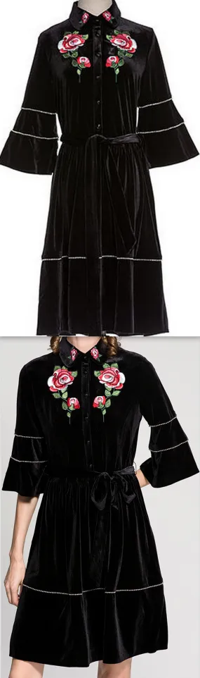 Embellished Floral-Embroidered Black Velvet Dress