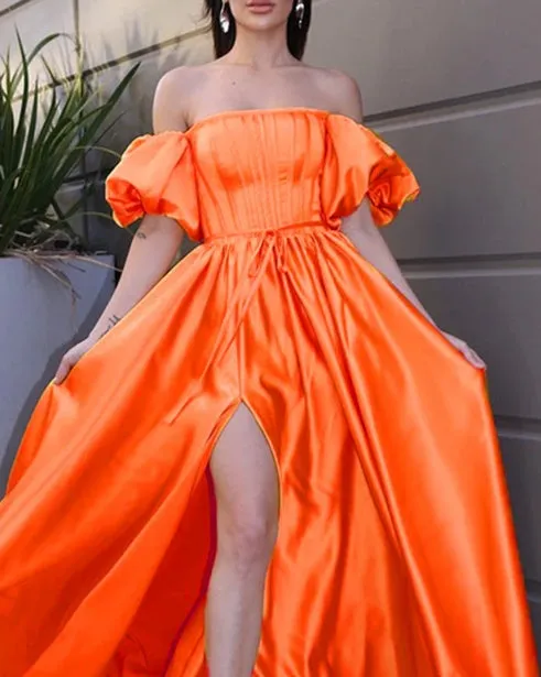 Fall Orange Bridesmaid Dresses Satin Split Off The Shoulder Evening Dresses