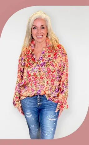 Floral Elegance Satin Bliss Blouse - Beige Multi