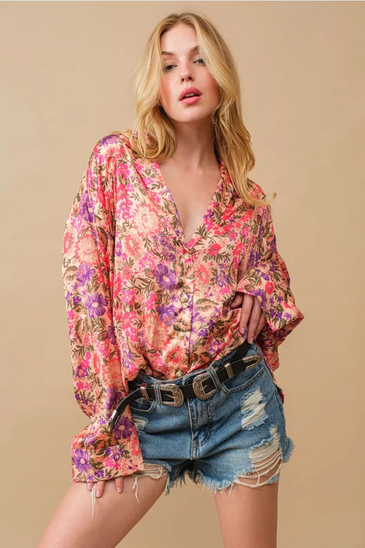 Floral Elegance Satin Bliss Blouse - Beige Multi