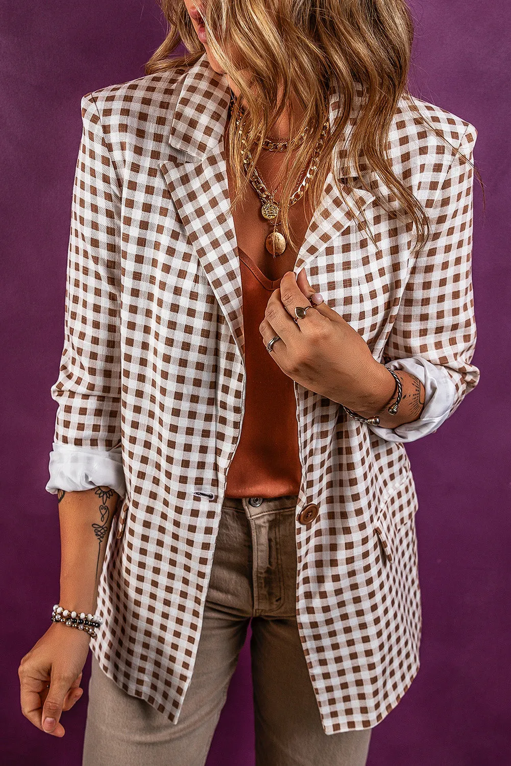 Gingham Lapel Collar Buttoned Blazer