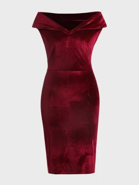 Gold Velvet Off-Shoulder Midi Dress (Red)