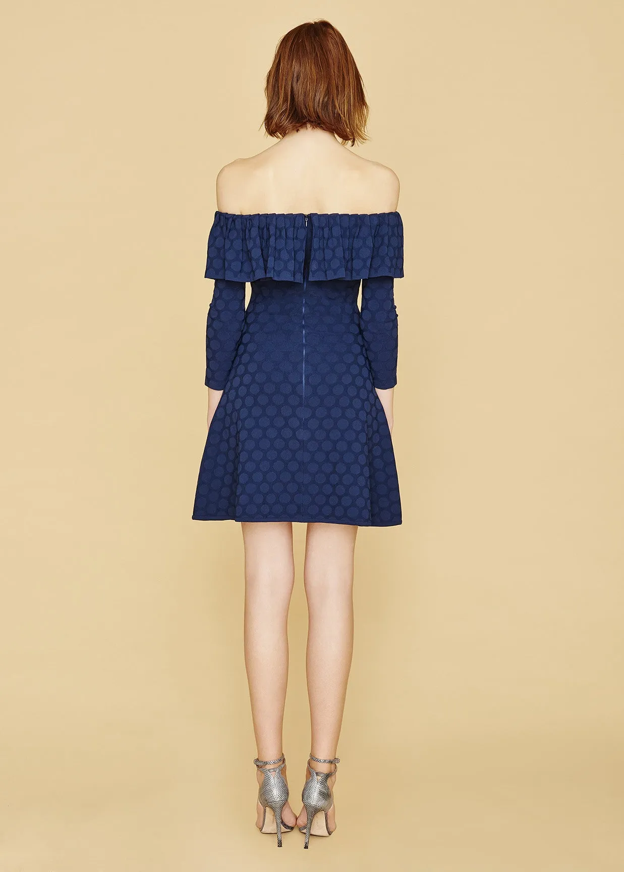 Henrietta - Polka Dot, Bardot Off The Shoulder Ruffle Dress