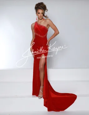 Johnathan Kayne 2963 Size 4 Red Velvet One Shoulder Pageant Dress Cape Cutout Back Slit Formal Gown