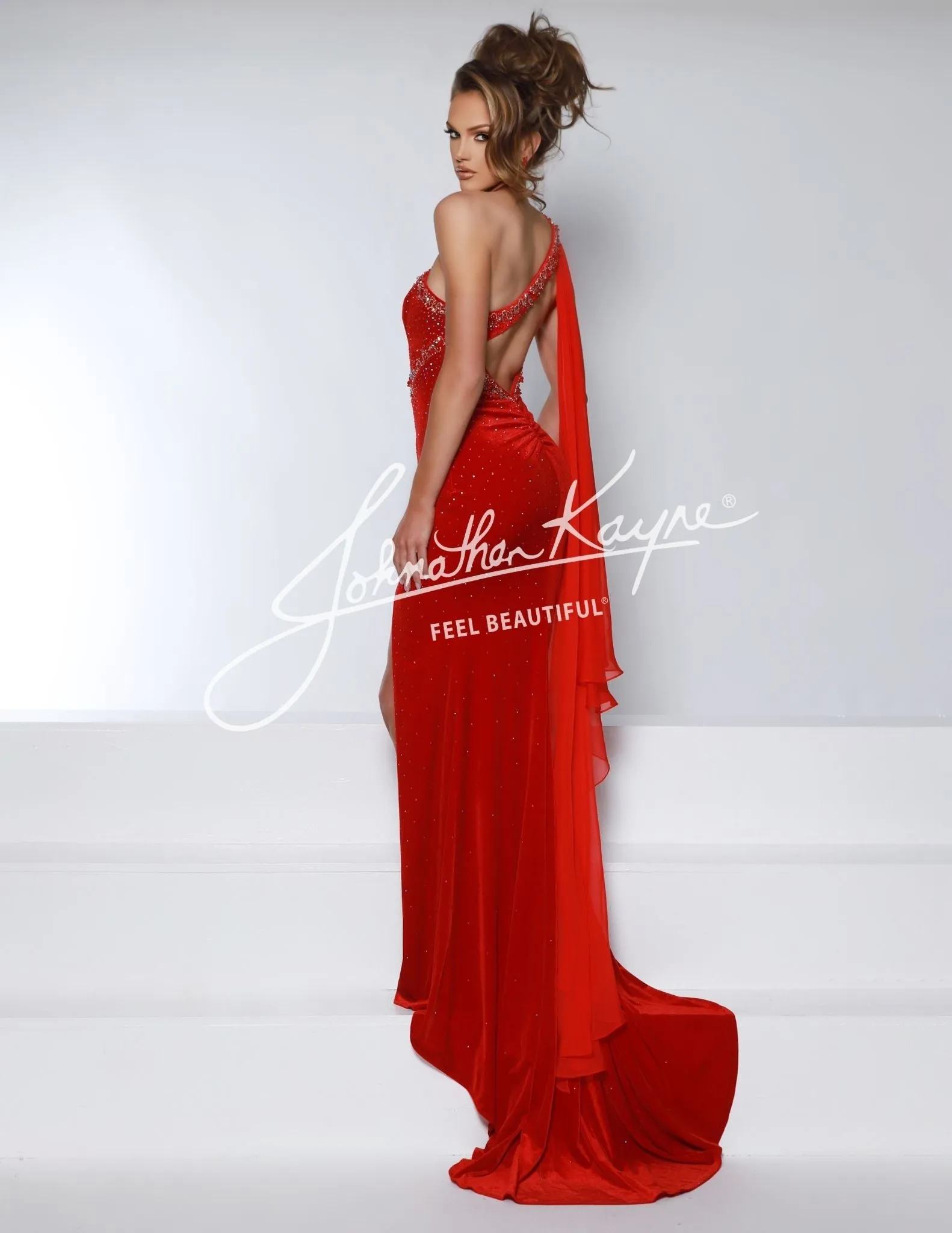 Johnathan Kayne 2963 Velvet One Shoulder Pageant Dress Cape Cutout Back Slit Formal Gown