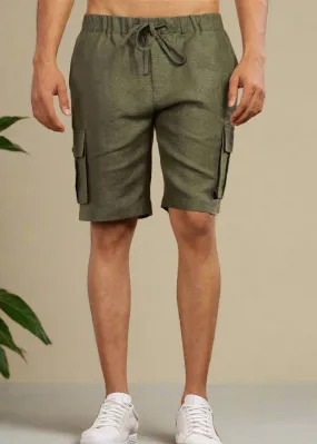 Kin - Linen Cargo Shorts With Square Pocket- Military Green