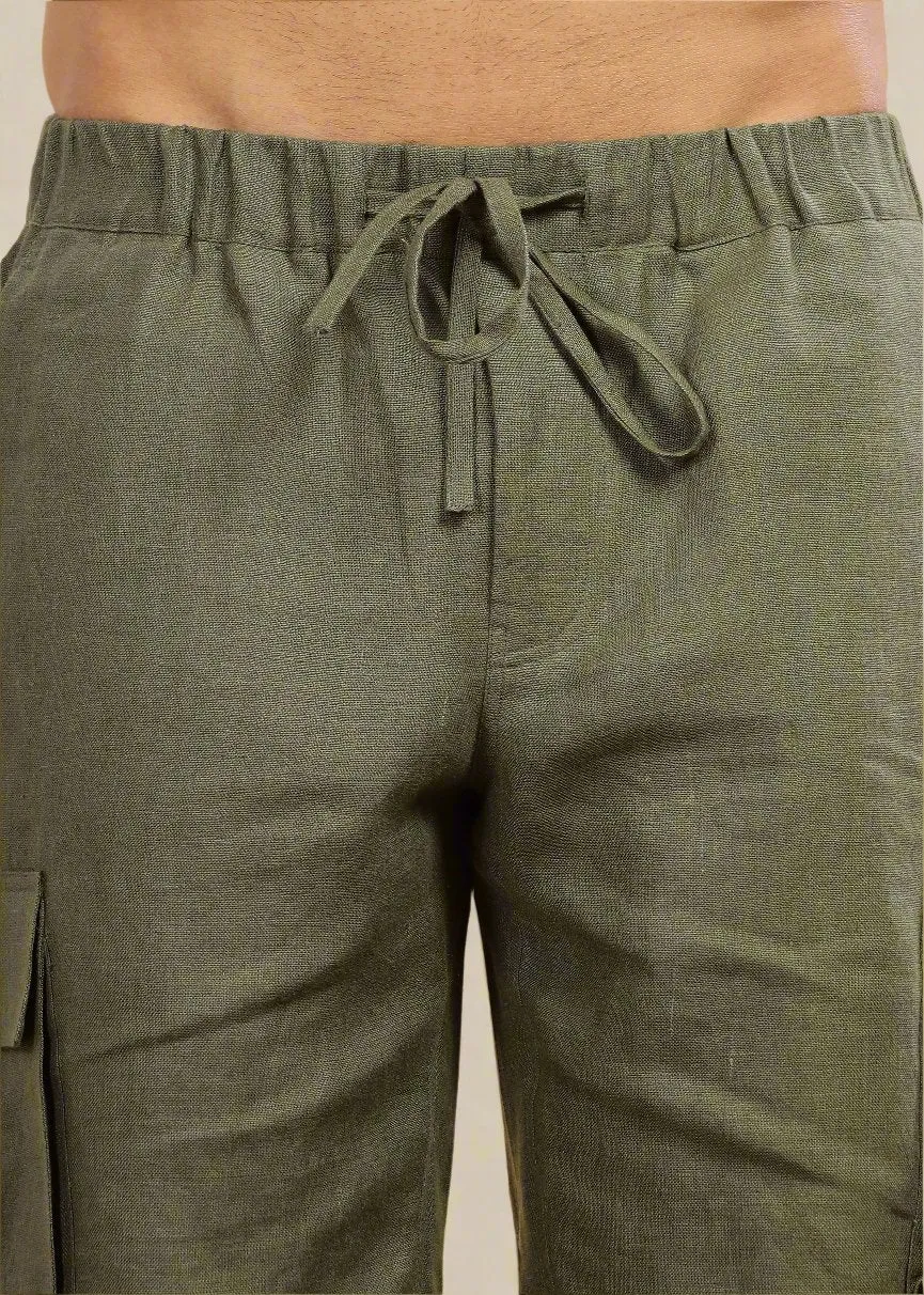 Kin - Linen Cargo Shorts With Square Pocket- Military Green