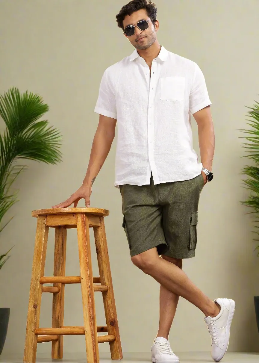 Kin - Linen Cargo Shorts With Square Pocket- Military Green